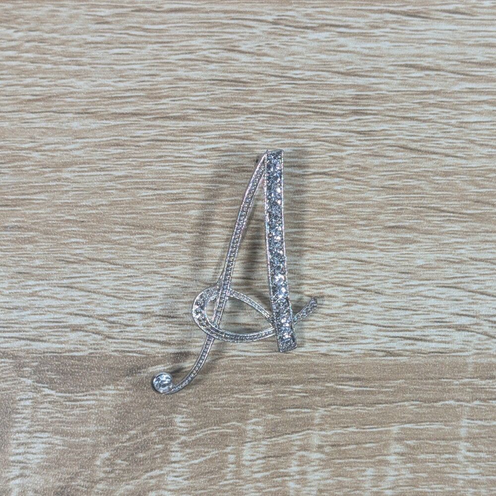 Rhinestone Letter A Brooch Silver Tone Initial Pin Script Style Sparkly